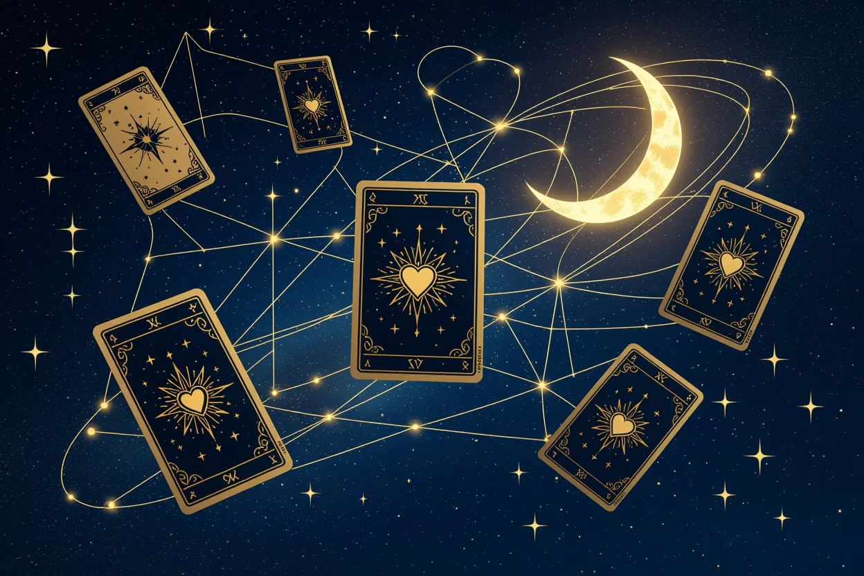 星空に浮かぶタロットカード、運命の金色の糸で結ばれた宇宙的な恋愛占いの神秘的な風景