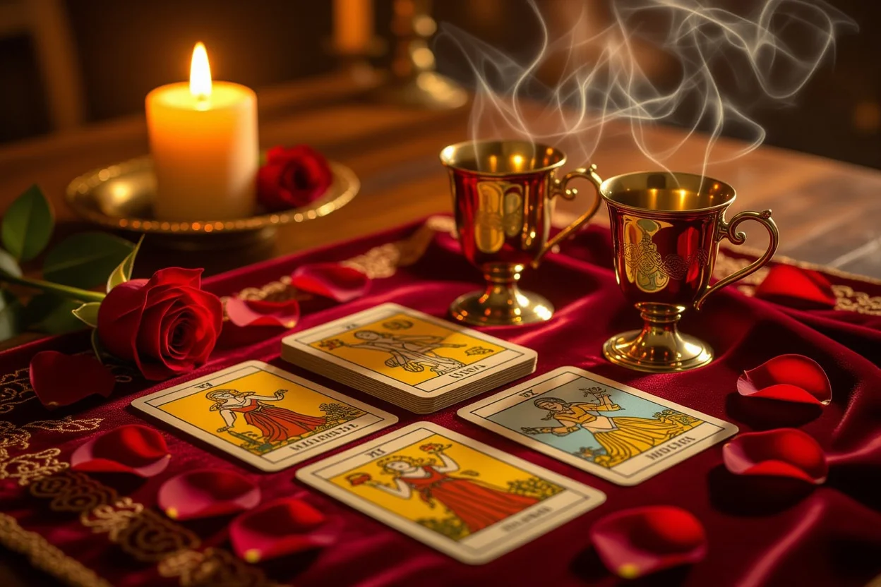恋愛タロット占いのマイナーアルカナカードと薔薇の花びら、ロマンチックな雰囲気