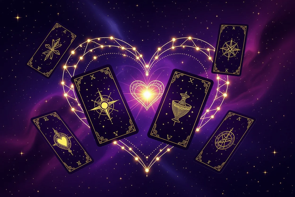マイナーアルカナ四つのスートが宇宙空間に浮かぶ幻想的なシーン、恋愛運命の導き
