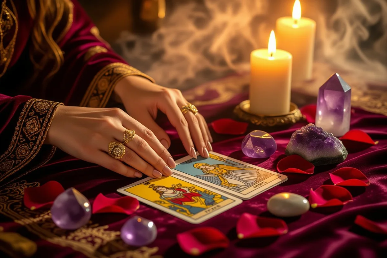 恋愛タロット占いで未来への不安を希望に変える神秘的なカードリーディングシーン