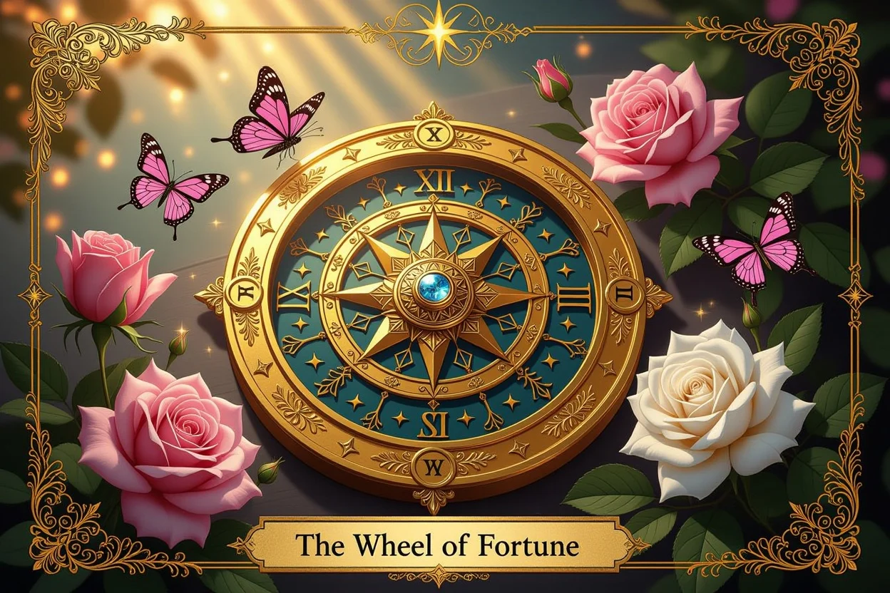 運命の輪のタロットカードと恋愛運向上を象徴する神秘的なイメージ