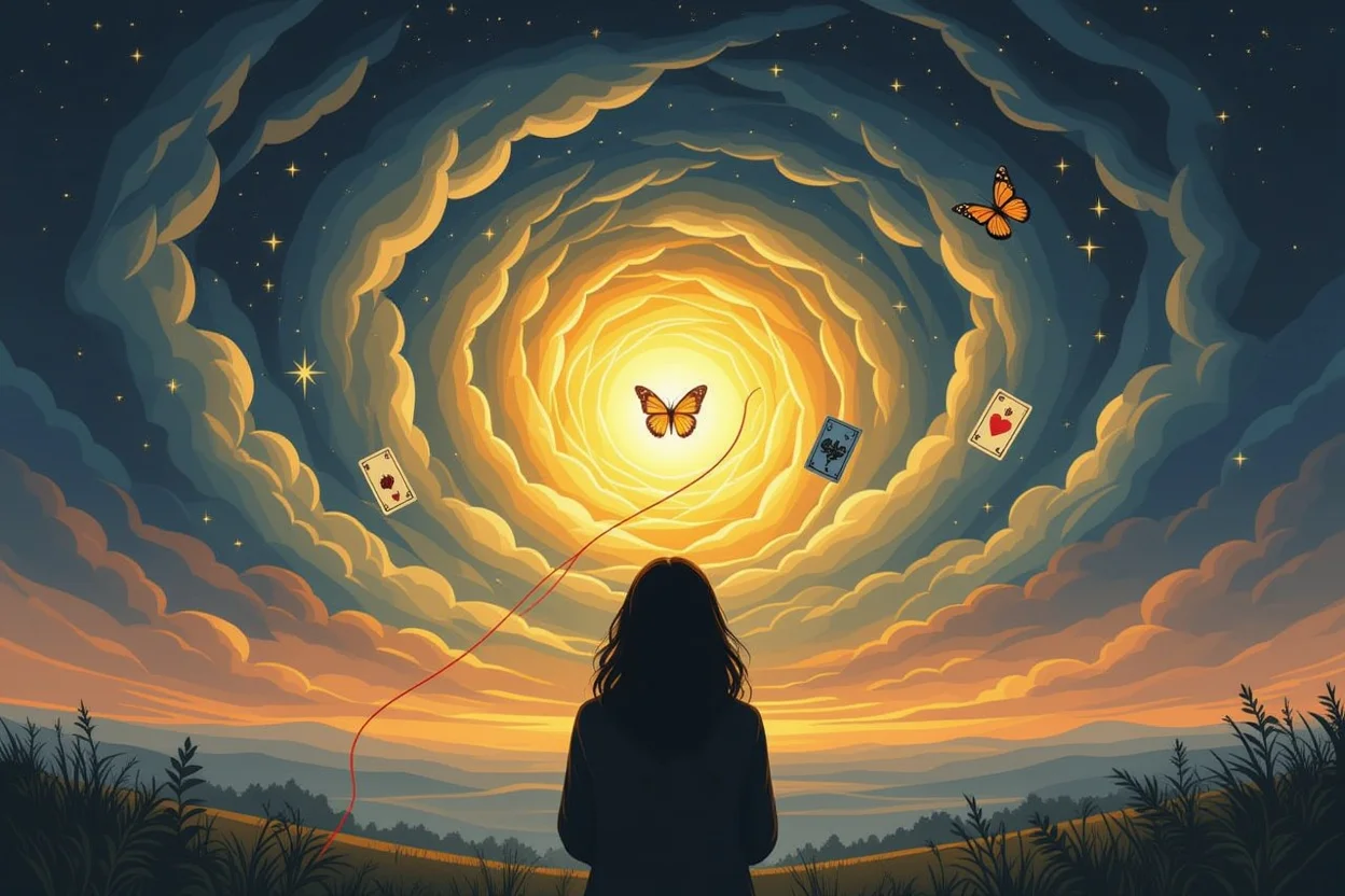 不安から希望への変化を表現した恋愛タロットの神秘的な変容イメージ