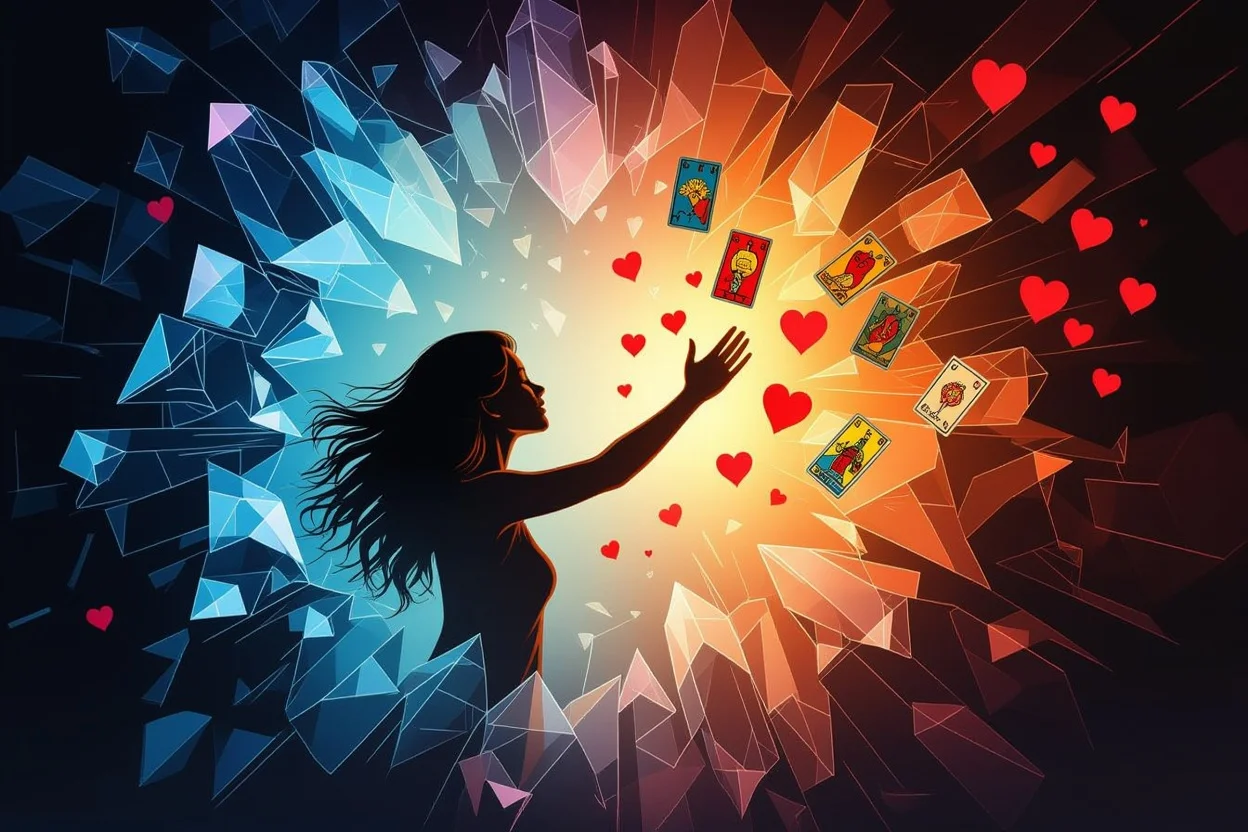 恋愛の壁を乗り越える心理的変革をイメージしたタロットアート