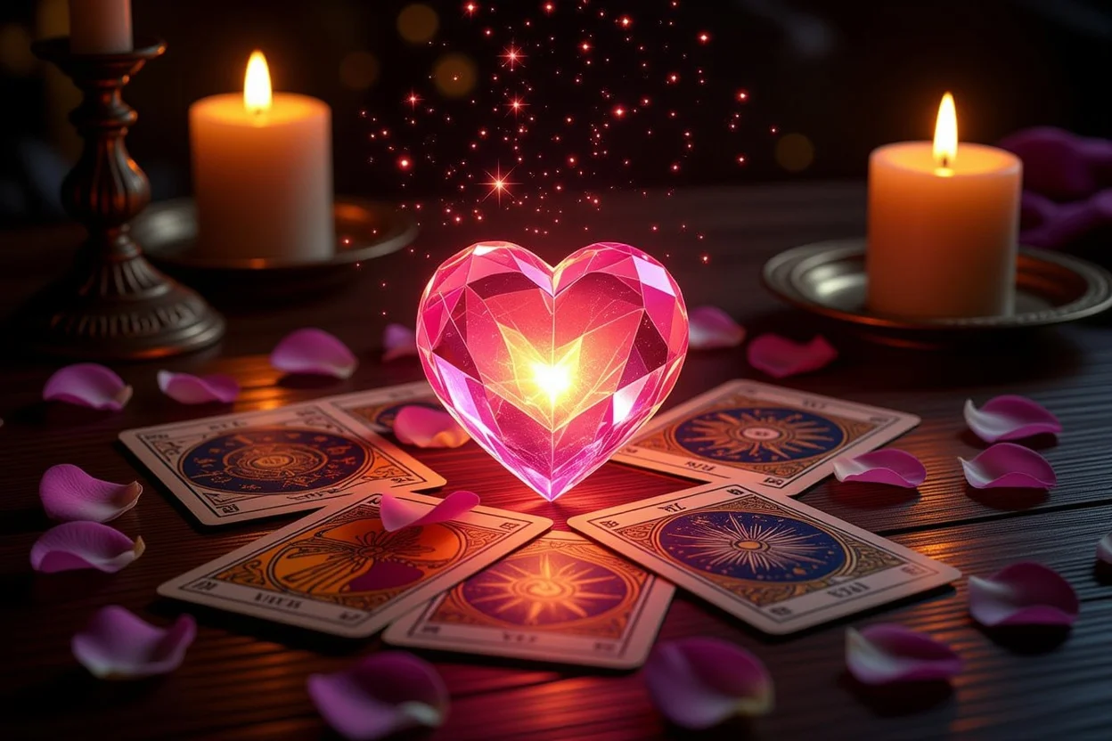 恋愛タロットカードと光る水晶による神秘的なリーディング風景