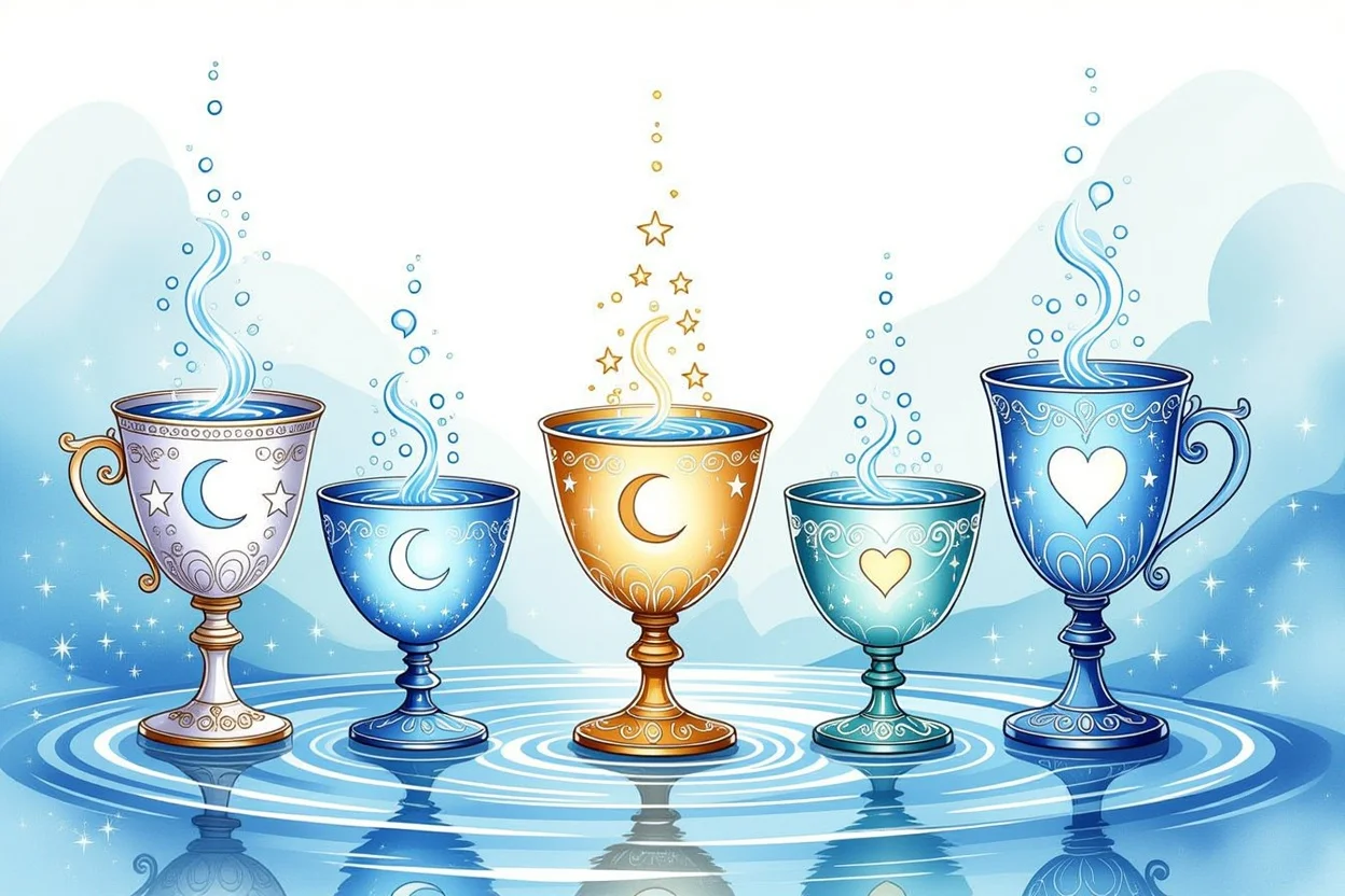 カップスートの感情の波を表現した神秘的なカップと流れる水のイラスト