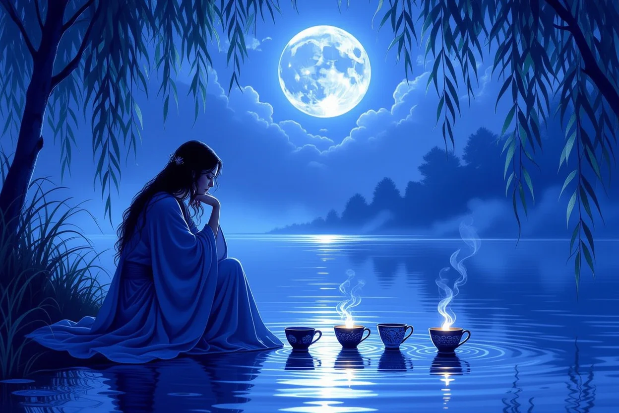 カップの5のタロットカード：喪失感と自己受容を表現した月夜の湖畔