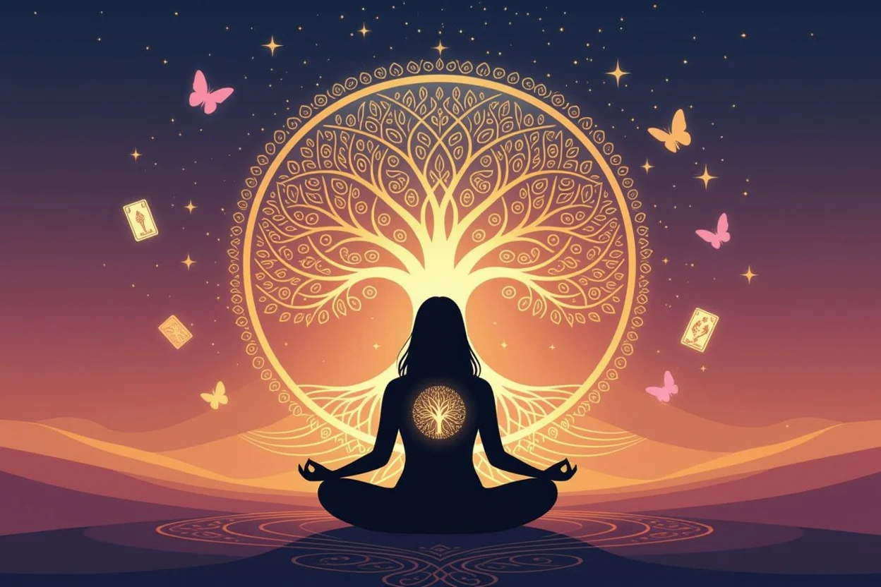 自己受容と心の成長を表現した瞑想と内なる光のスピリチュアルイラスト