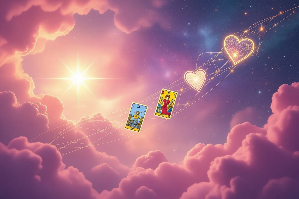 運命の恋へ導く愛のメッセージを示すタロットカードの宇宙的イメージ