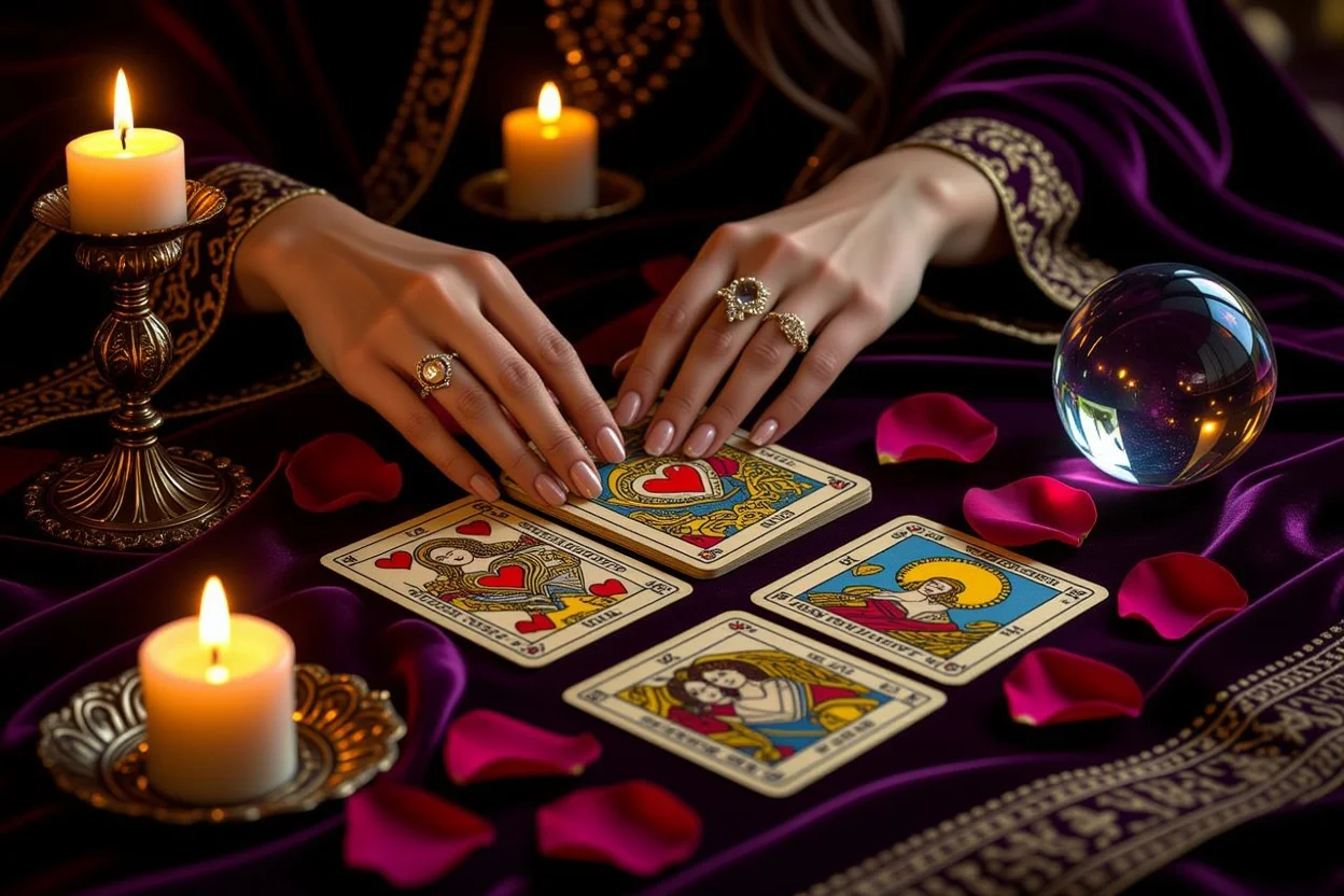 恋愛タロット占いのロマンチックで神秘的な雰囲気のカード展開シーン
