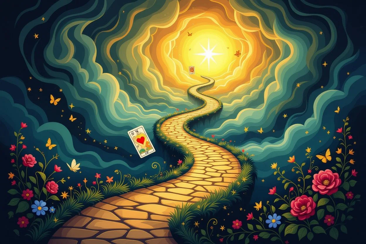 迷いから真実の愛への道筋を示すタロットカードの象徴的イメージ