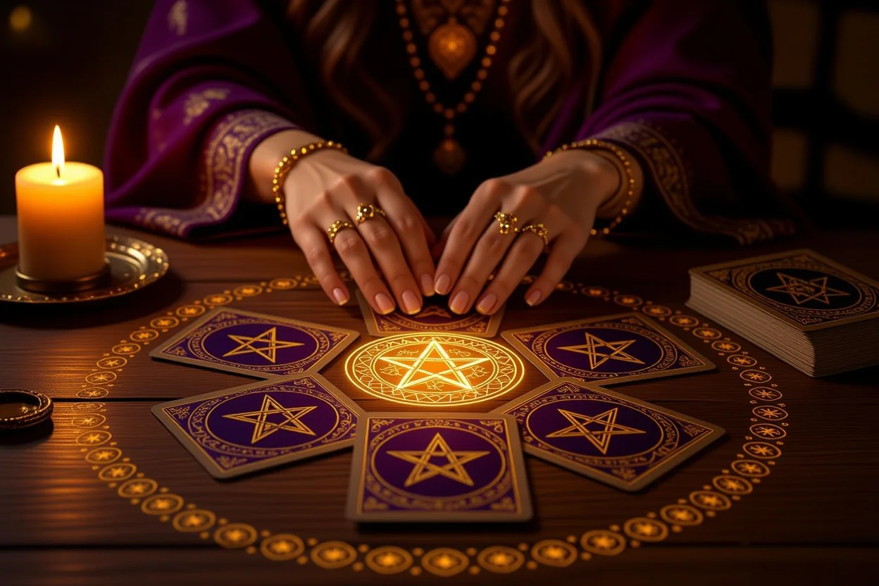 恋愛タロット占いのペンタクルカードで長続きする関係を占う神秘的なシーン