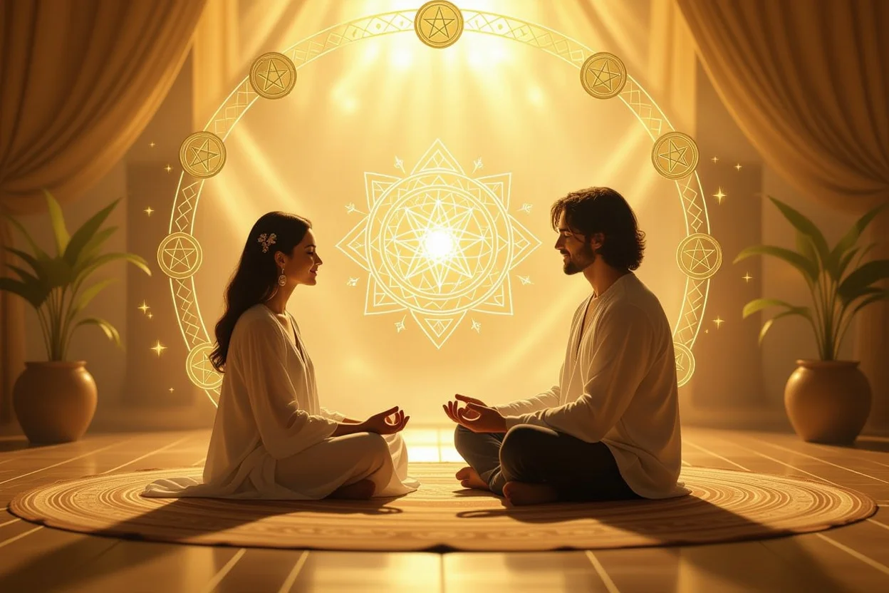 タロットカードに囲まれたカップルが示す恋愛関係の心理的基盤と絆