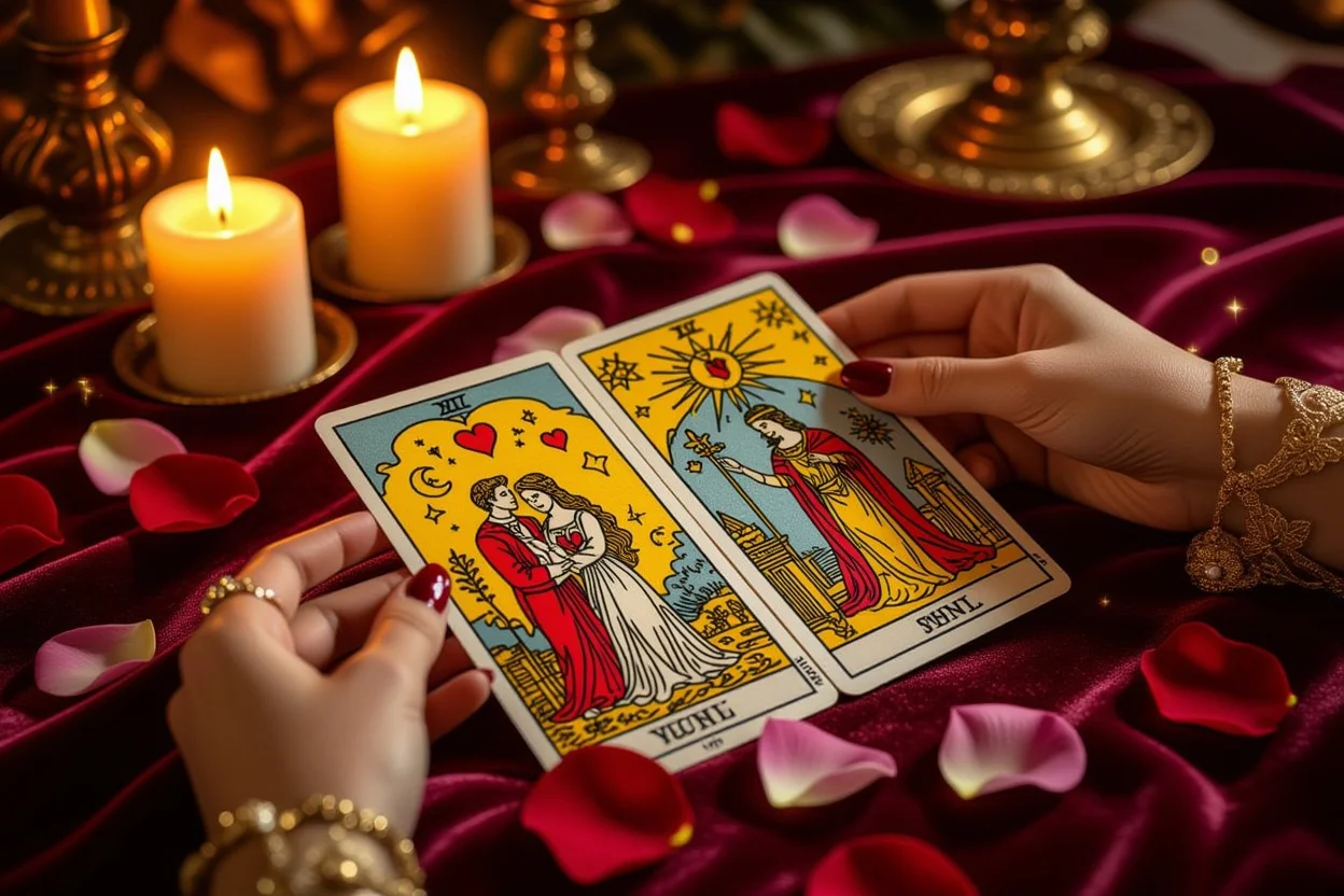 恋愛タロットカードリーディングの神秘的なシーン、キャンドルの光とバラの花びら