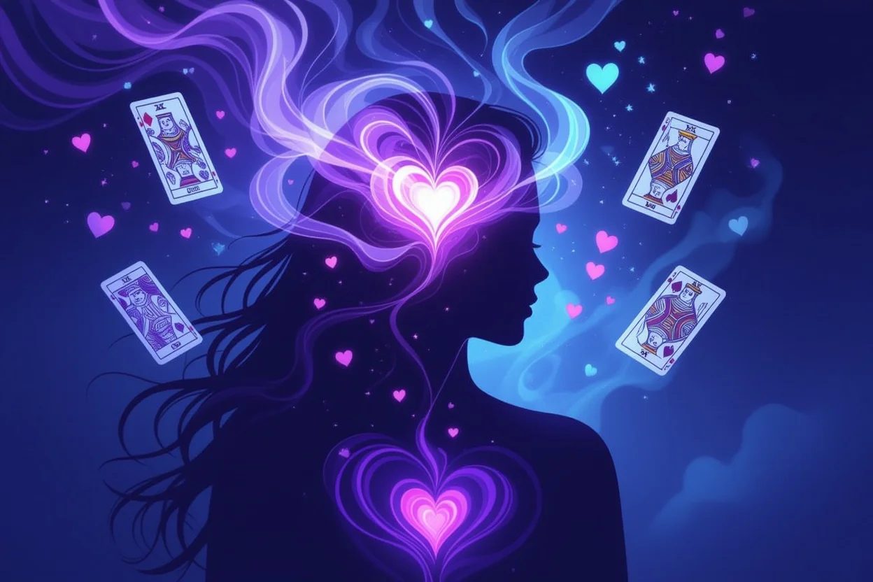 隠された本音と真の感情を表現するタロットの神秘的なビジュアル、心の奥の気持ち