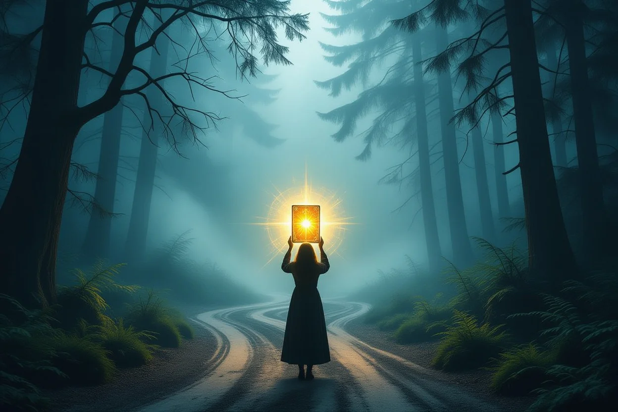 恋愛の迷いを晴らすタロットの導き・霧の森で道を見つける女性