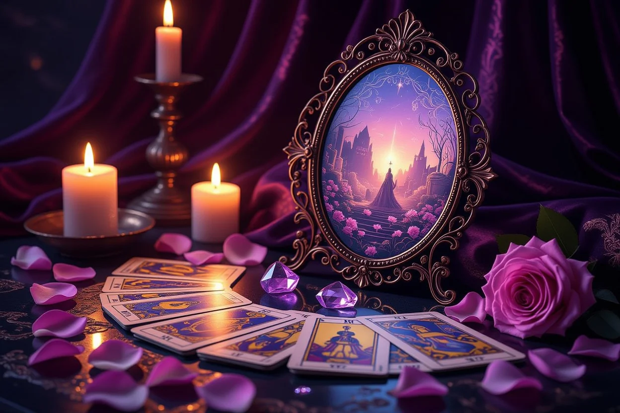 恋愛タロット占いで自分を知る鏡のような神秘的なタロットカードリーディング風景