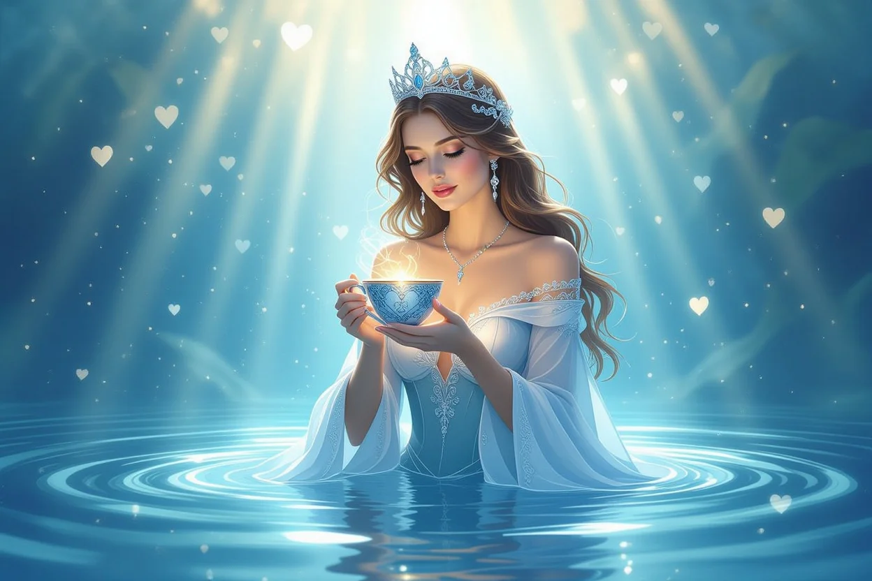 カップのクイーンタロットカード恋愛占いの深層心理を表す美しい神秘的なイラスト