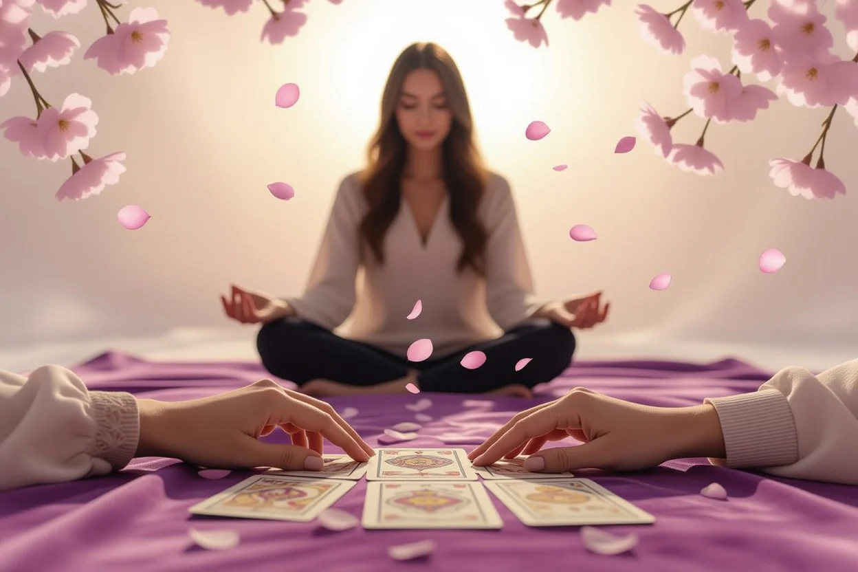 タロットカードで内なる声を聞く瞑想的な恋愛占いの自己対話シーン