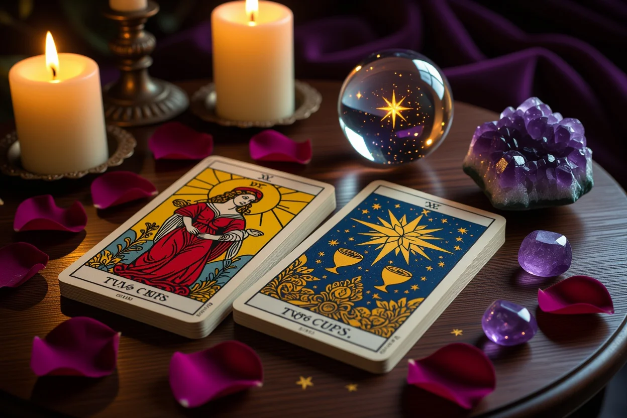 恋愛タロット占いのカードスプレッドとキャンドルの神秘的な雰囲気