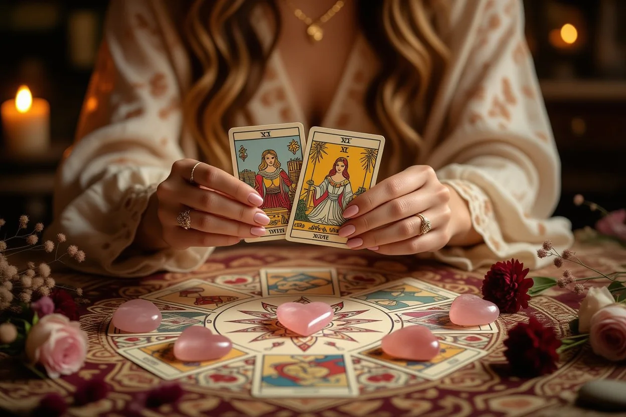 恋愛運を占うタロットカードを手に持つ女性の優雅な手元