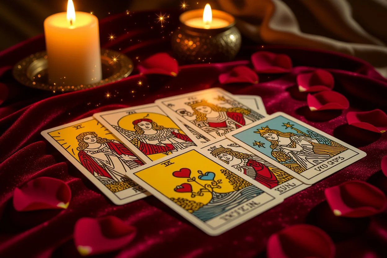 恋愛タロットカードが美しく配置された神秘的な占いの風景