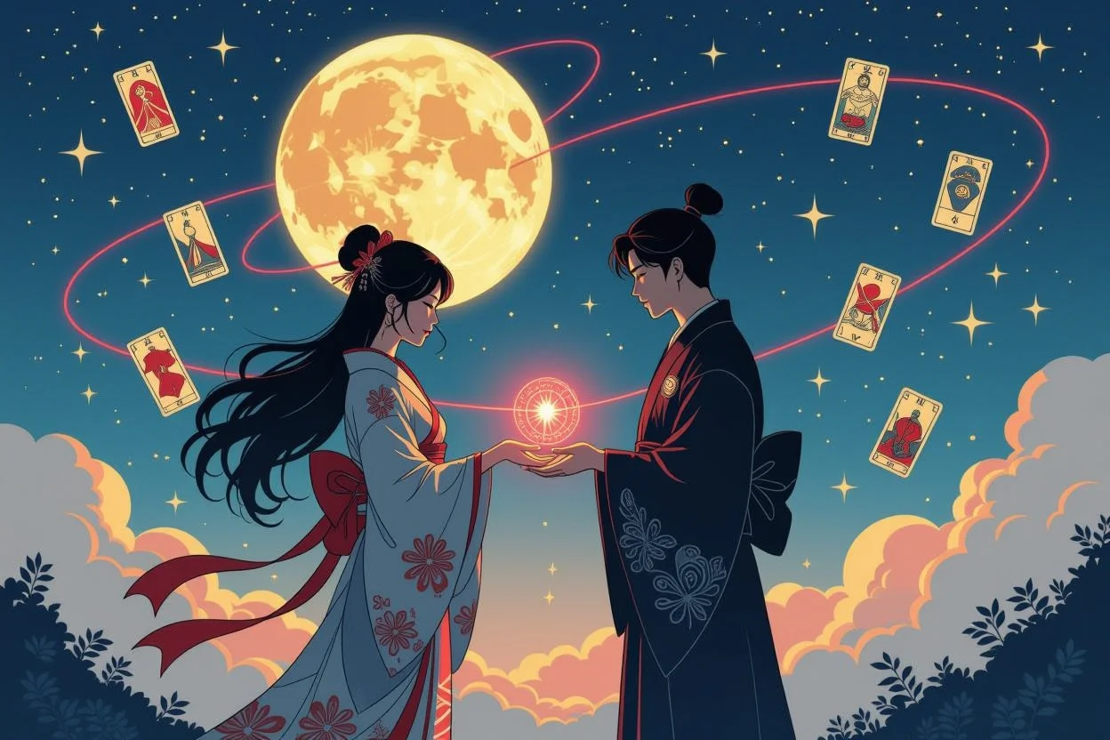 運命の赤い糸と恋愛タロットで結ばれた二人の出会いを描いた幻想的なイラスト