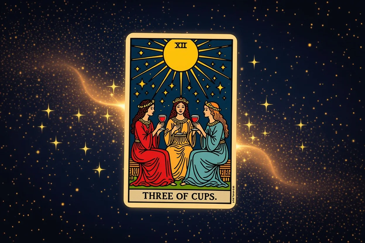 カップの3のタロットカード - 友情から恋愛への発展を示す神秘的なイラスト