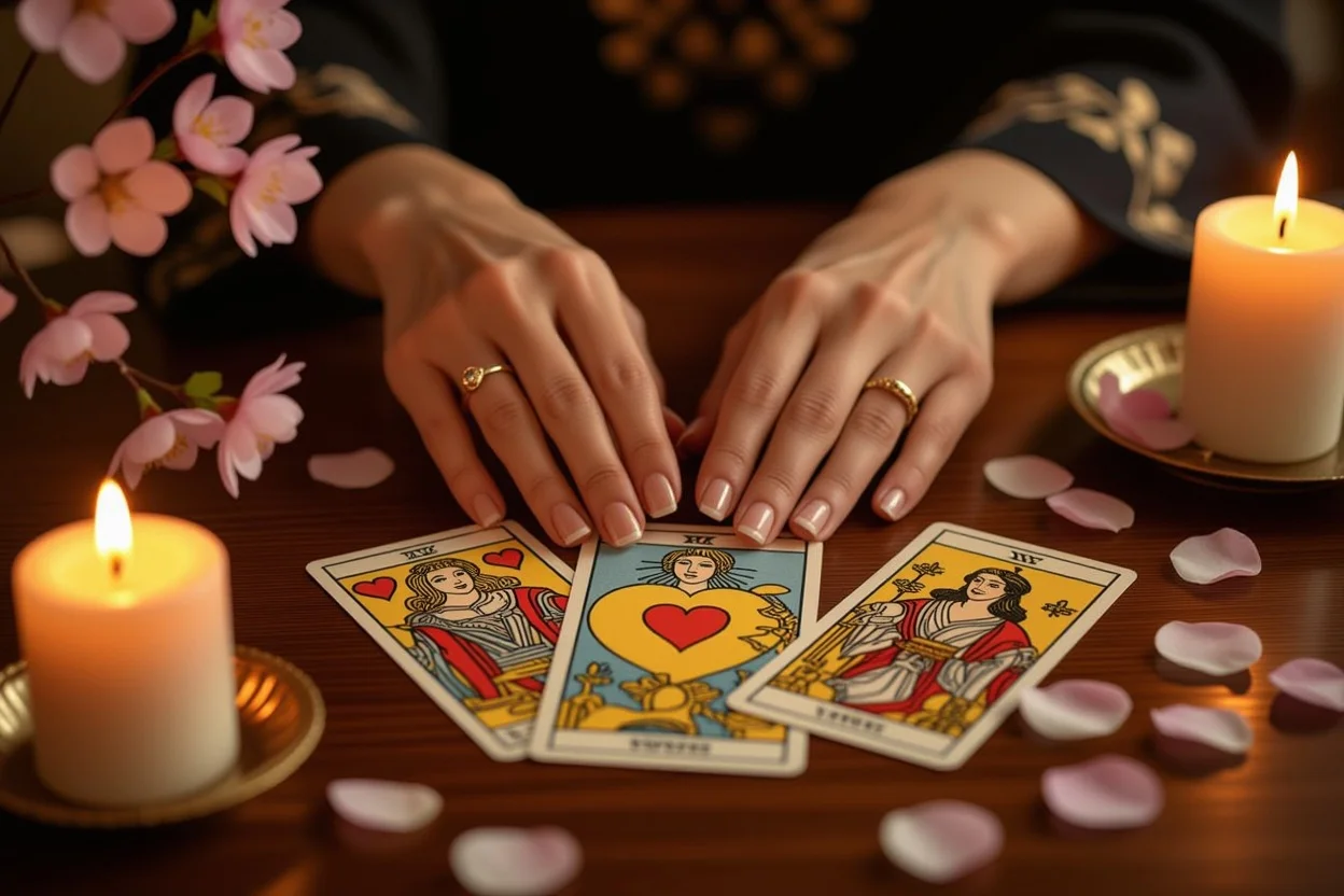 恋愛タロットカードと成熟した女性の手、現実的な恋愛相談のイメージ