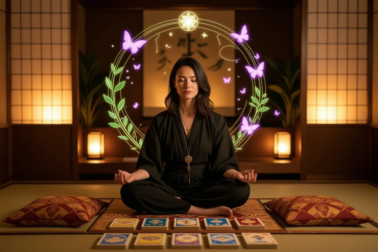 タロットカードによる自己成長と内省、恋愛における課題克服のイメージ