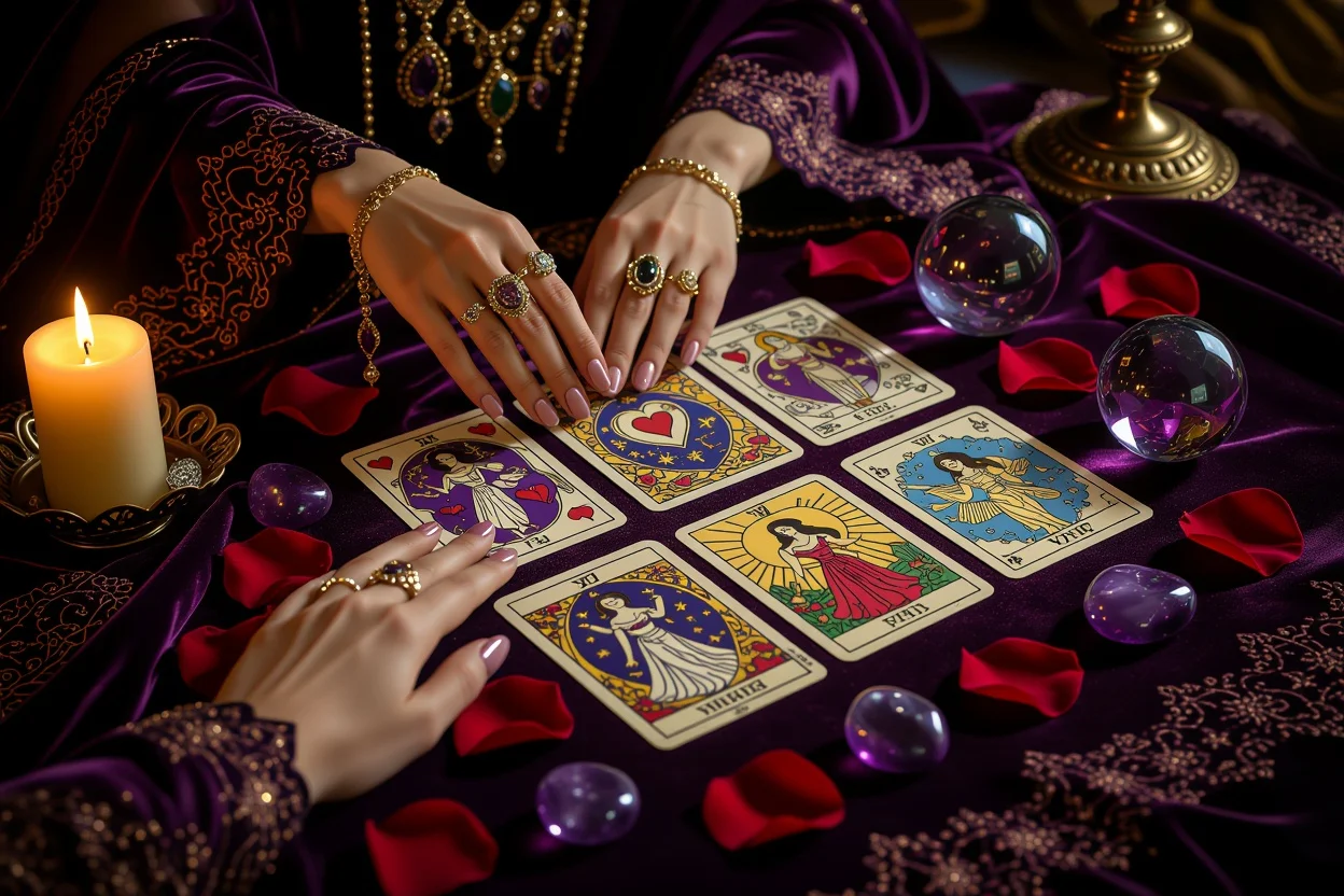 タロットカードで恋愛の本音を読み解く神秘的なリーディングシーン