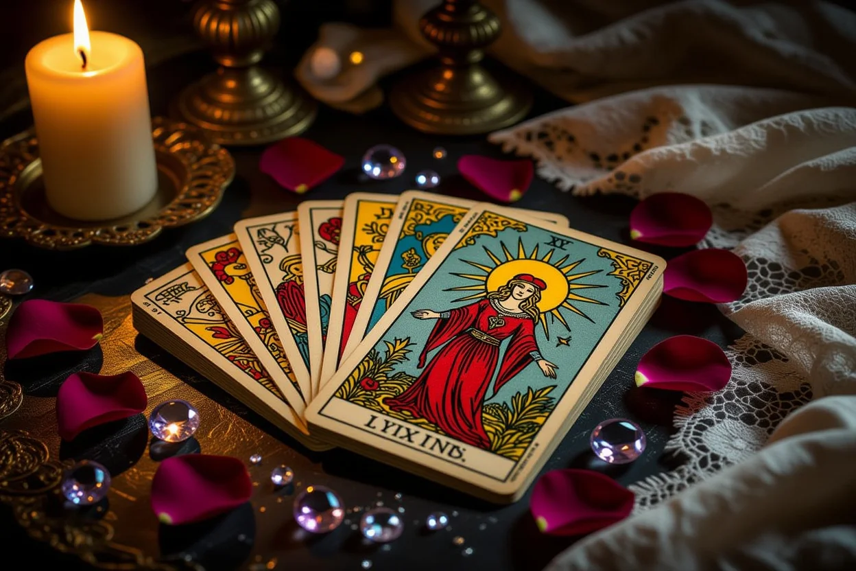 恋愛タロット占いのカードとキャンドル、神秘的な恋愛運占いのイメージ