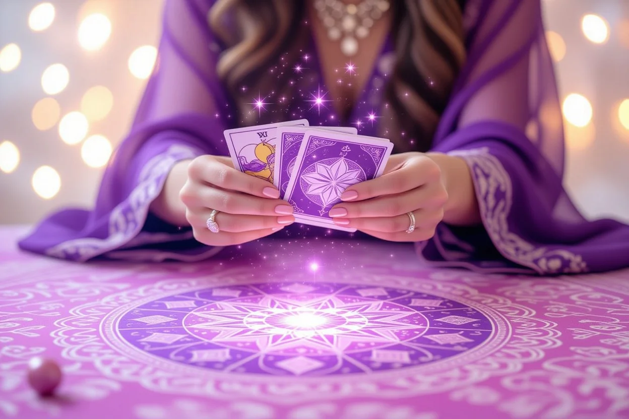 タロット占い師の手とカード、恋愛の未来を読む神秘的な占いシーン