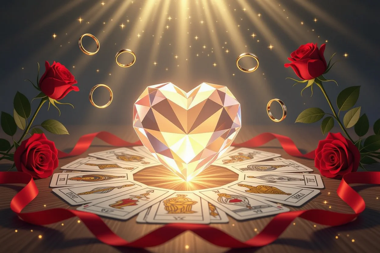 ハート型クリスタルとタロットカード、恋愛運アップの神秘的なイメージ