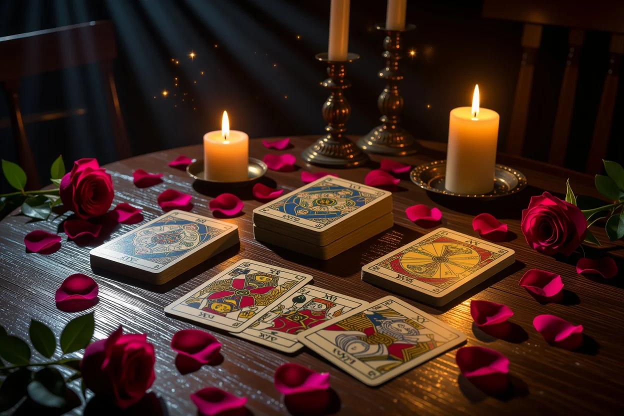 恋愛タロットカードの光と影を表現した神秘的なリーディング風景