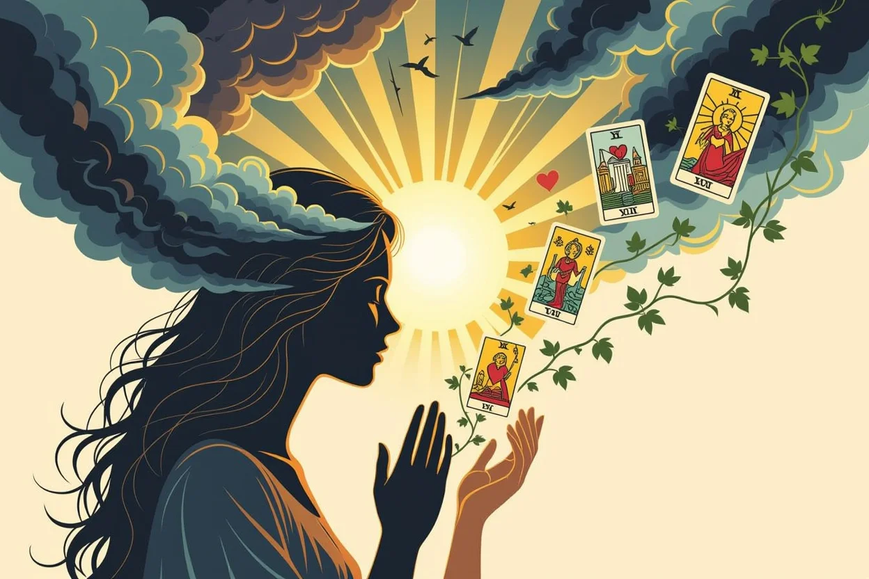 恋愛の不安を力に変える変容のプロセスを表現したタロットイメージ
