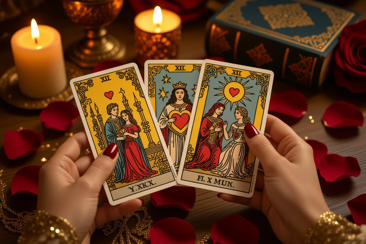 恋愛タロット占いの神秘的なシーン、ハートと愛のシンボルが描かれたタロットカード