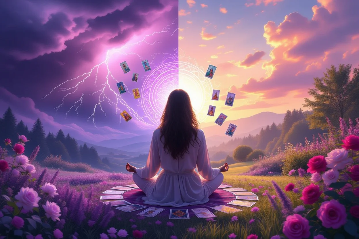 心の葛藤から成長への変化を表現する象徴的なイメージ、タロットカードと瞑想する人物