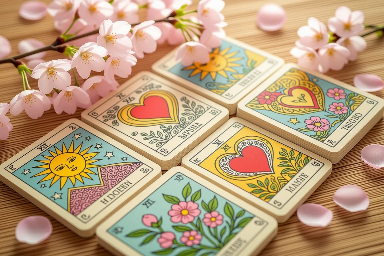 自己受容と関係性の課題を示すタロットカードスプレッド、桜の花びらと共に