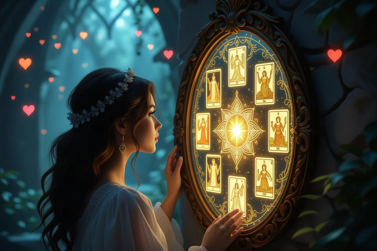 無意識の恐れを映し出す神秘的な鏡とタロットカード、自己発見のシンボル