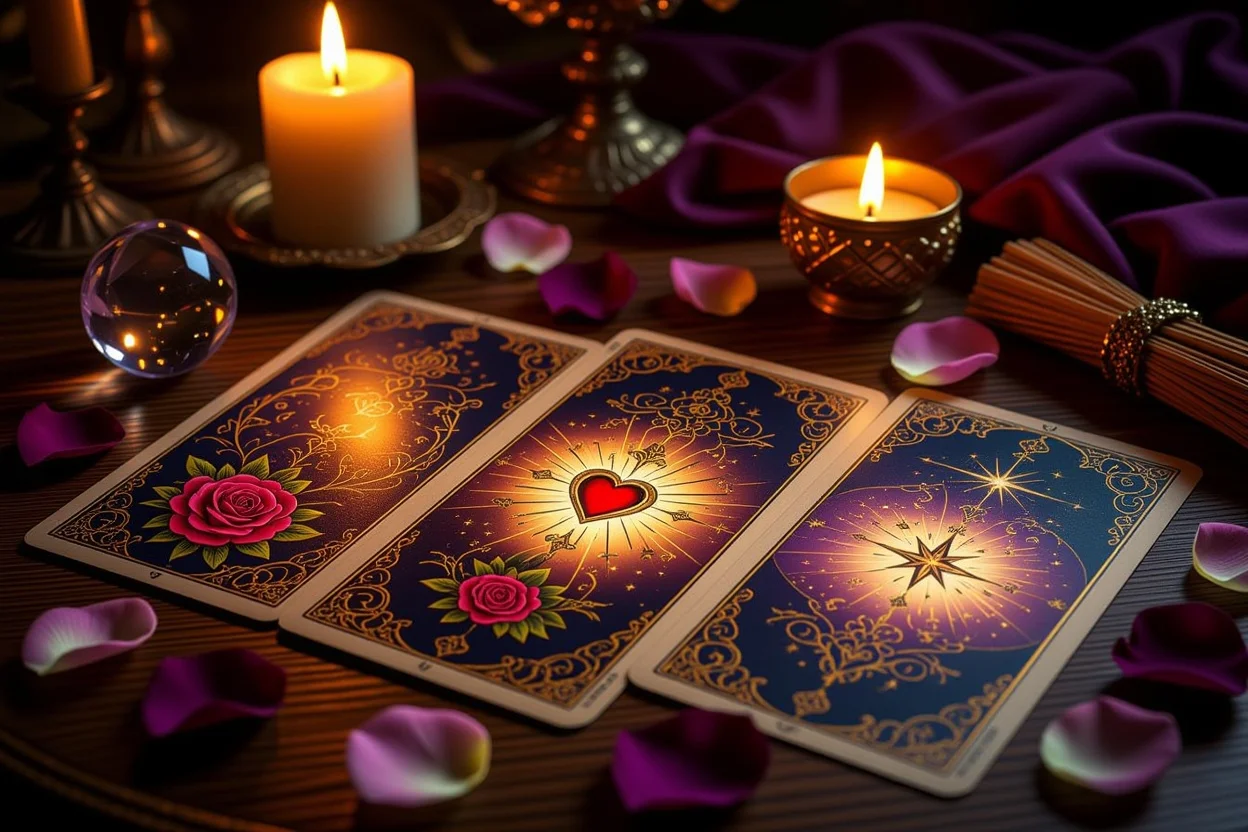 恋愛タロットカードの神秘的なスプレッド、キャンドルの光で照らされた運命の恋を占う様子