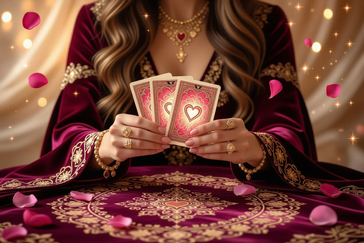 恋愛タロット占いをする女性の手、運命の恋を引き寄せるカードリーディングの瞬間