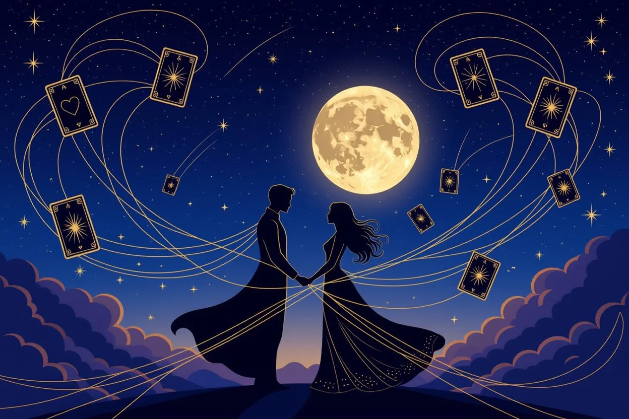 運命の恋を表現する宇宙的なイメージ、星空に浮かぶタロットカードと愛の糸