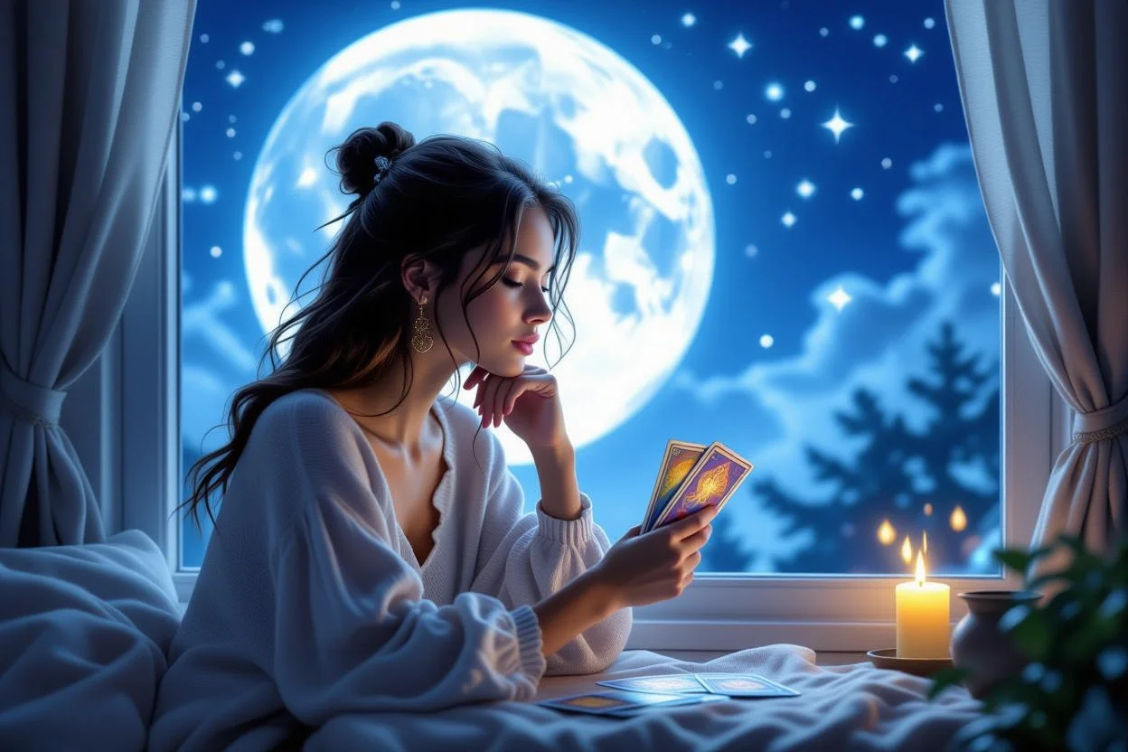 恋愛の悩みをタロットで占う女性の瞑想的なシーン