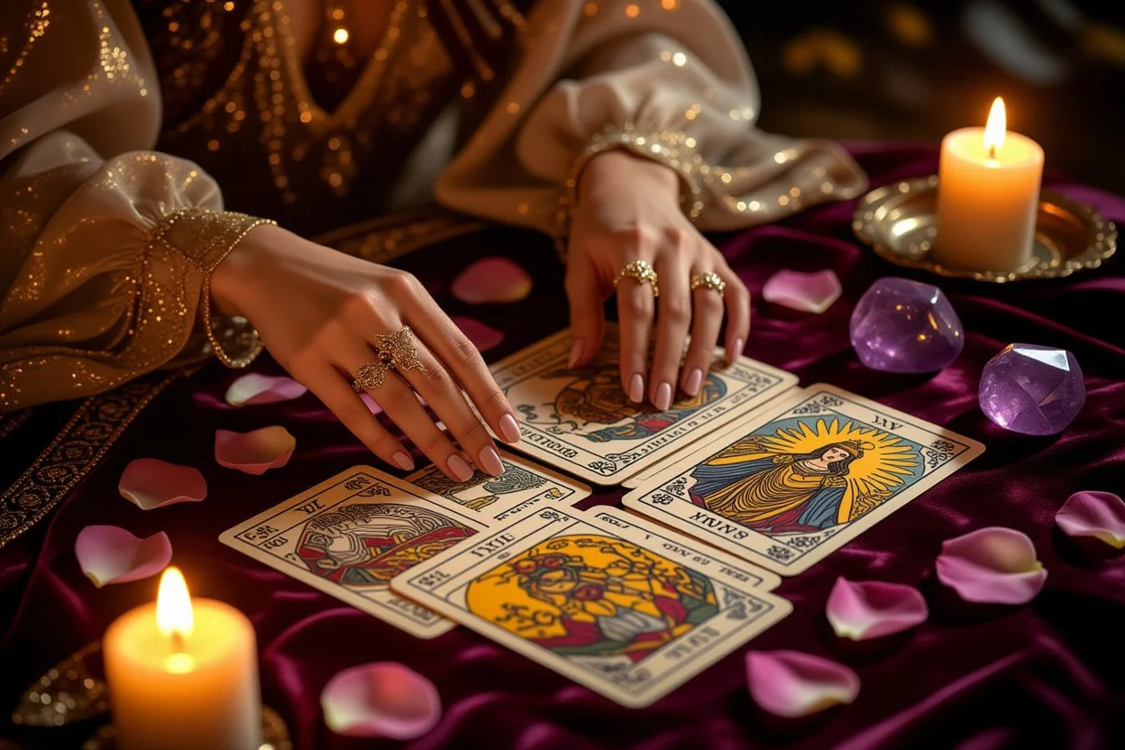 恋愛タロット占いのロマンチックな雰囲気の画像、キャンドルとバラの花びらに囲まれたタロットカード