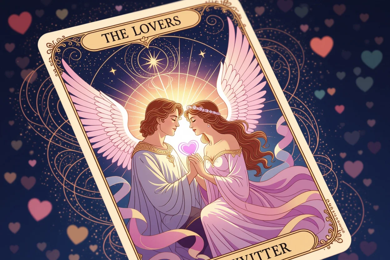 恋人のタロットカードの美しいイラスト、魔法的な光と天使の翼に包まれた二人の人物