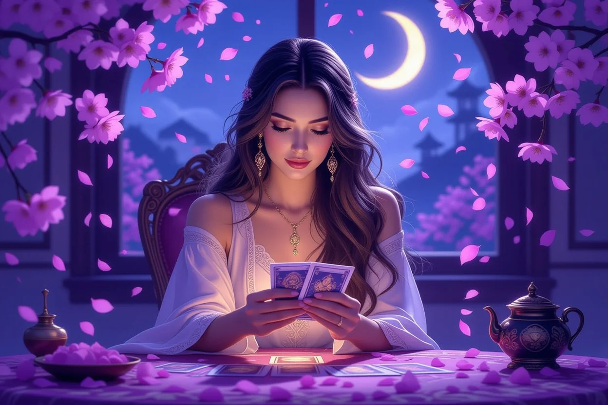 愛の悩みを解決するタロット占い師の神秘的なポートレート、桜の花びらと月光の中で