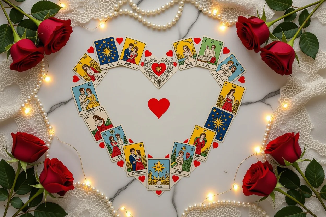 ハート型に配置された恋愛タロットスプレッド、バラと真珠で装飾された美しい占いの配置