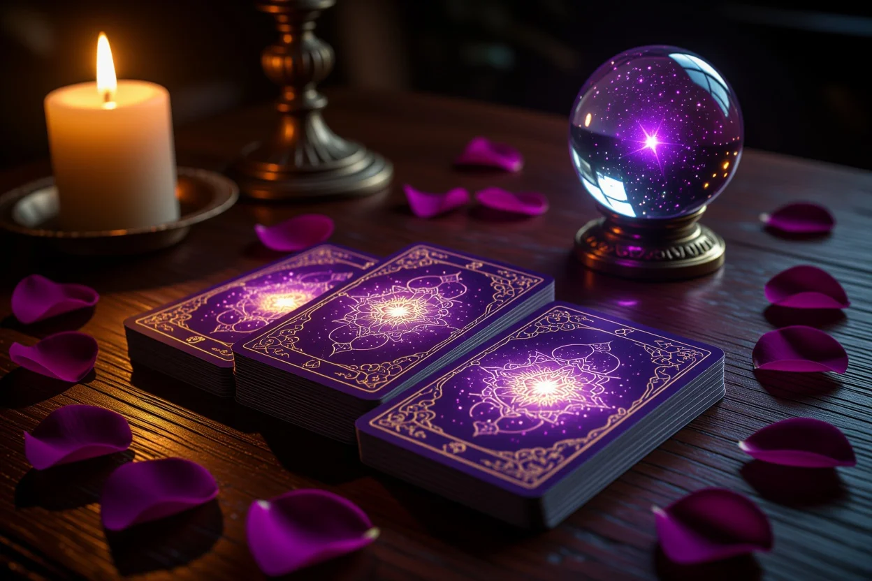 恋愛タロット占いのイメージ - 神秘的なタロットカードと薔薇の花びら