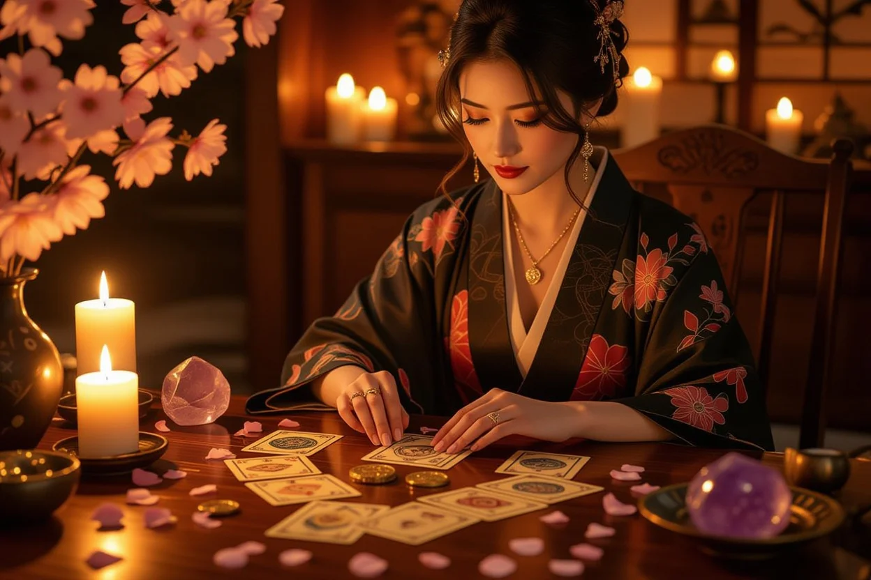 恋愛タロット占いをする女性とペンタクルカードのスプレッド