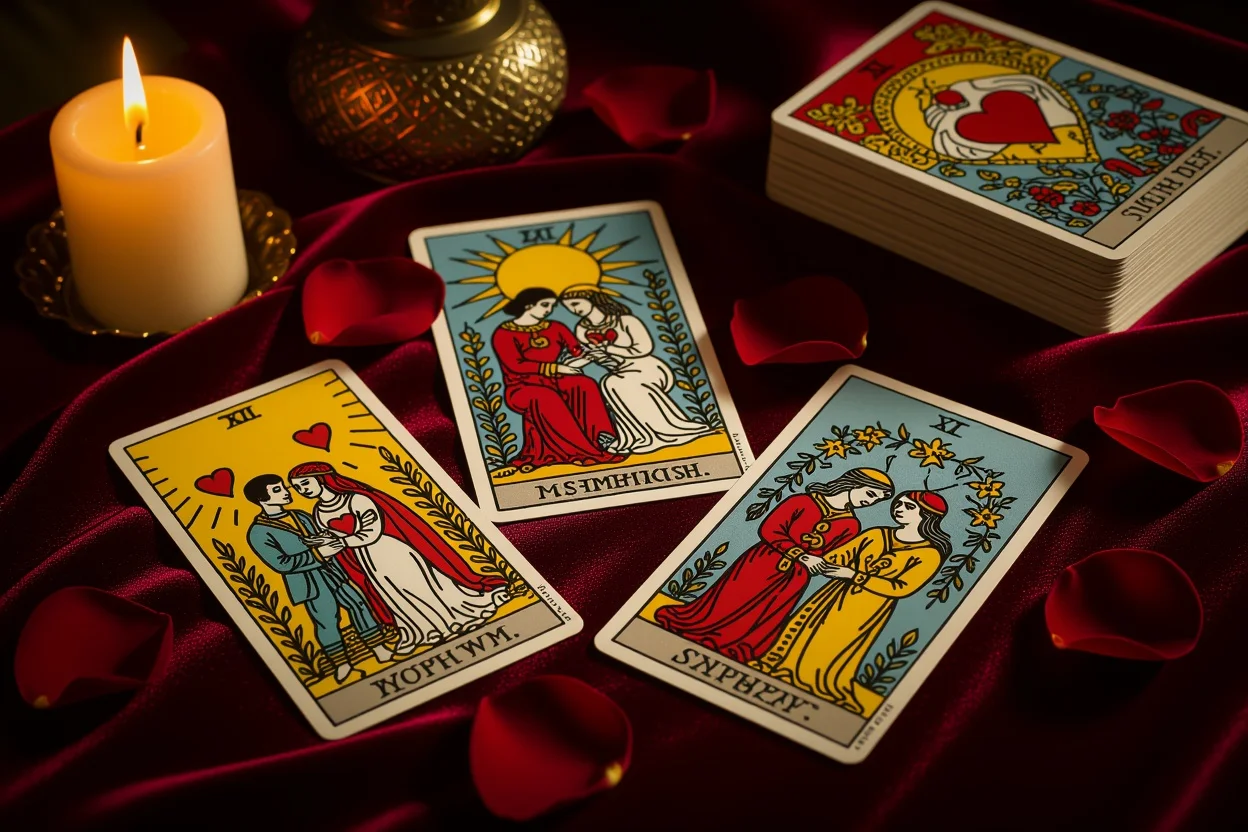 恋愛タロット占いで彼の本音を読み解く神秘的なカードリーディングシーン